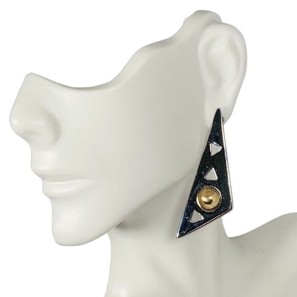 Piscitelli Triangle Statement Earrings 2” Silver Tone Signed Designer - Picture 4 of 11